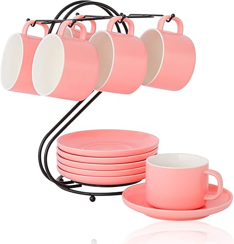 Tazas de café de porcelana (7.5 onzas) con platillos y soporte de metal, juego de tazas de café Candiicap para capuchino, latte, expresso,