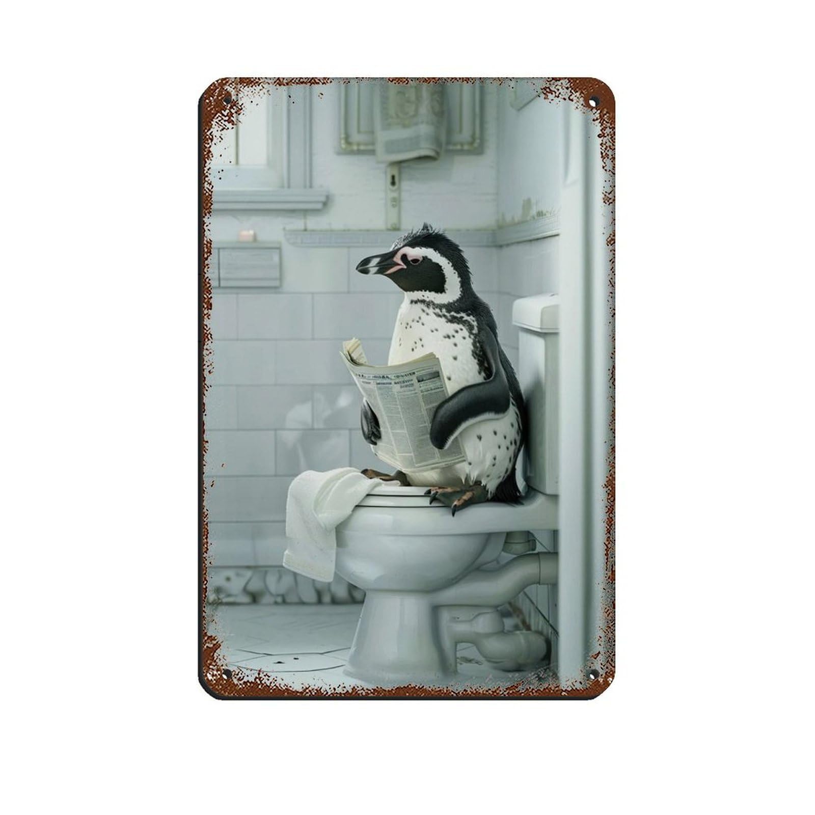 Penguin Sitting on The Toilet Reading A Newspaper (8) Retro Poster Metal Tin Sign Chic Art Retro Iron Painting Bar People Cave Cafe Family Garage Poster Wall Decoration 8x12inch(20x30cm)