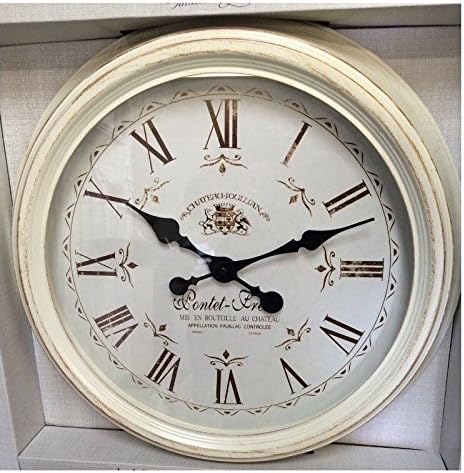LARGE ROUND FRENCH STATION WALL CLOCK DISTRESSED ROMAN NUMERAL METAL FRAME CLOCK CREAM