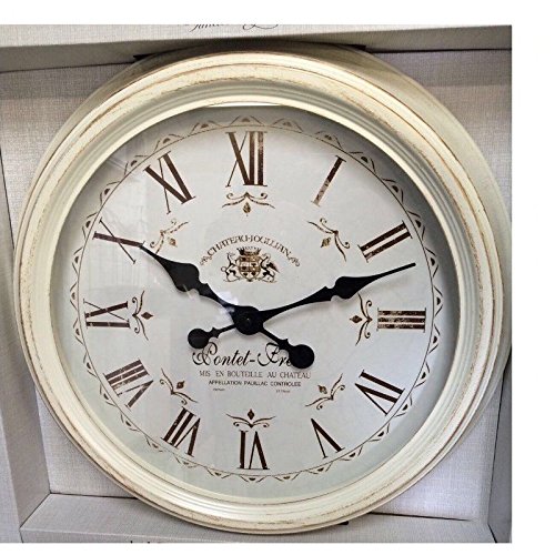 LARGE ROUND FRENCH STATION WALL CLOCK DISTRESSED ROMAN NUMERAL METAL FRAME CLOCK CREAM