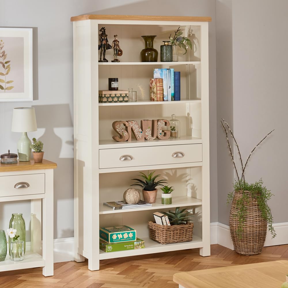 The Furniture MarketCotswold Cream Painted Large Wide Bookcase with Oak Top - Storage Solution with Natural Oak Top, Perfect for Living, Dining Room, or Home Office - H 1800mm x W 1000mm x D 360mm