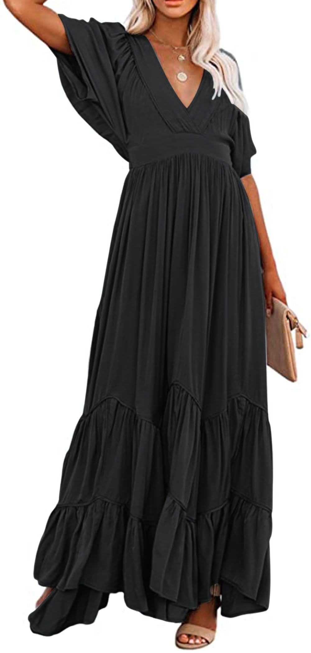 Photo 1 of CHARTOU Women's Boho Ruffle Sleeve Flowy Maxi Dress Lace Up Back Tiered Party A Line Dress (X-Large,Black)
