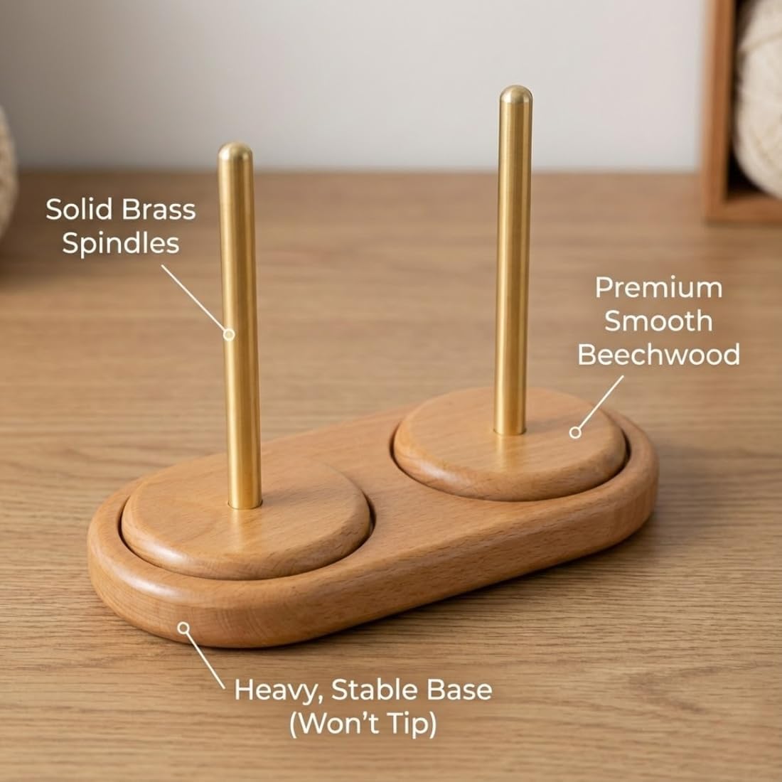Wooden Yarn Holder Spinner – Rotating Beech Wood Yarn Ball Dispenser – Tangle-Free Wool Feeder Spool Winder Spindle Stand for Knitting Crocheting & Crochet (Doulbe Shaft)