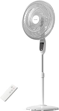 PELONIS 18" 5-Blade Adjustable Oscillating Pedestal Fan with Remote, White | White Standing Fan with 90 Oscillation and 24 Tilt, 5-Speeds, 4 Modes, Eco Control, 7-Hr Timer for Living Room and Office