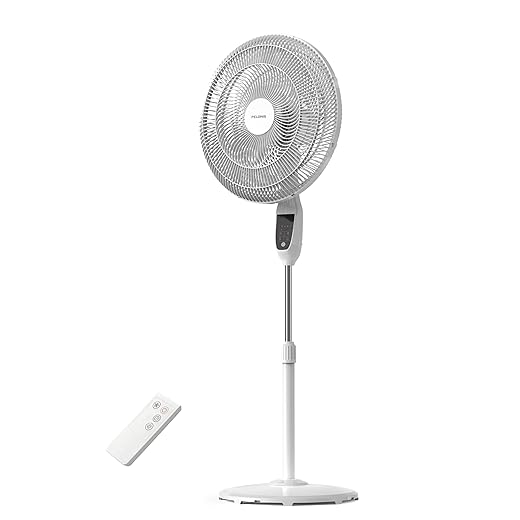 PELONIS PSFS18D1AW 18 inch 5-Blade Oscillating, Adjustable Standing Pedestal Remote, LED Display, 5 Speed Setting and 7-Hour Timer Fan, White