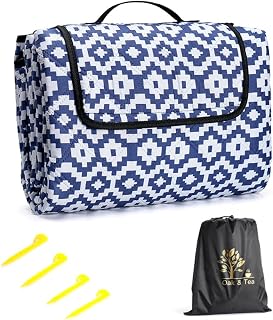 Oak & Tea Manta de Picnic Esterilla Playa Impermeable con 4 Hebillas de Esquina Manta Camping para Playa y Camping 200 x 200 cm Color Azul y Blanco