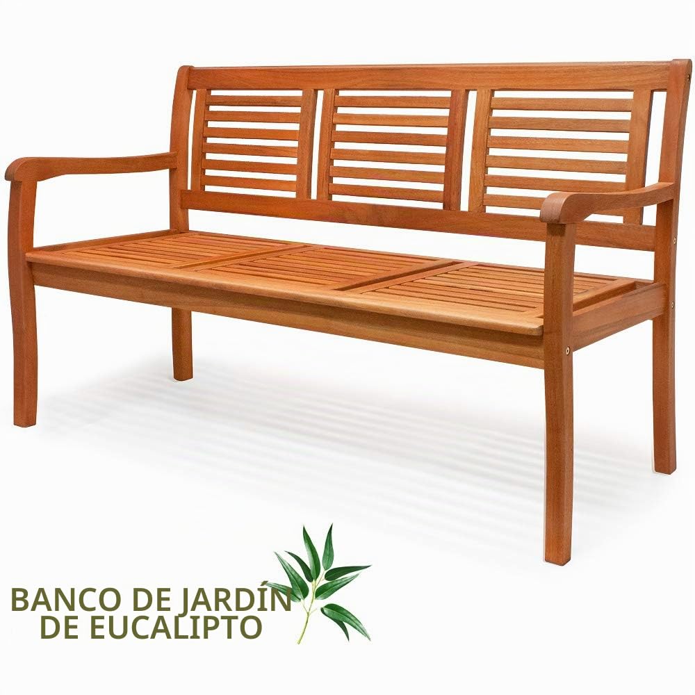 CASARIA Banco de Jardín Exterior Madera Certificación FSC | Resistente Intemperie, Estable, Robusto, Carga hasta 480Kg, 153x60cm, Preaceitado, Fácil Limpiar, Marrón, Balcón, Terraza