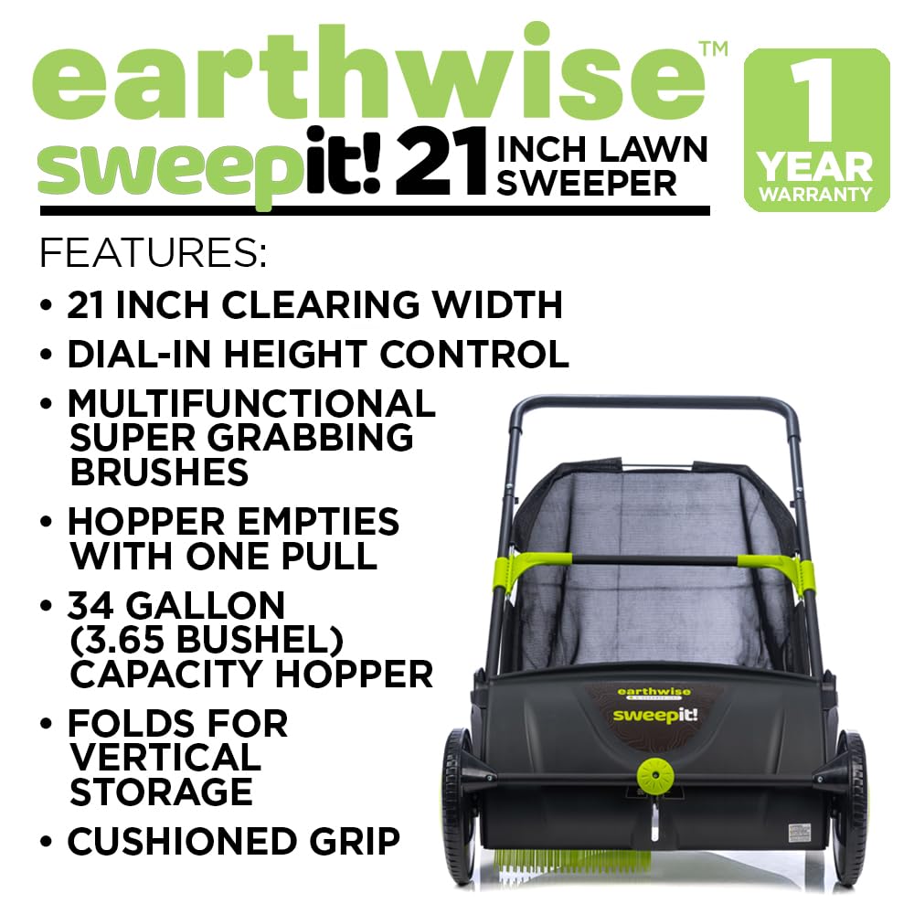 Earthwise LSW70021 21-Inch Width Leaf & Grass Push Lawn Sweeper, Black — Amazon image 2