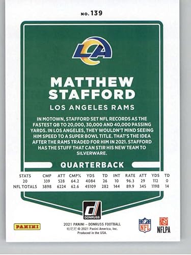 Miniatura 2 de 2021 Donruss #139 Matthew Stafford Los Angeles Rams NFL Football Trading Card