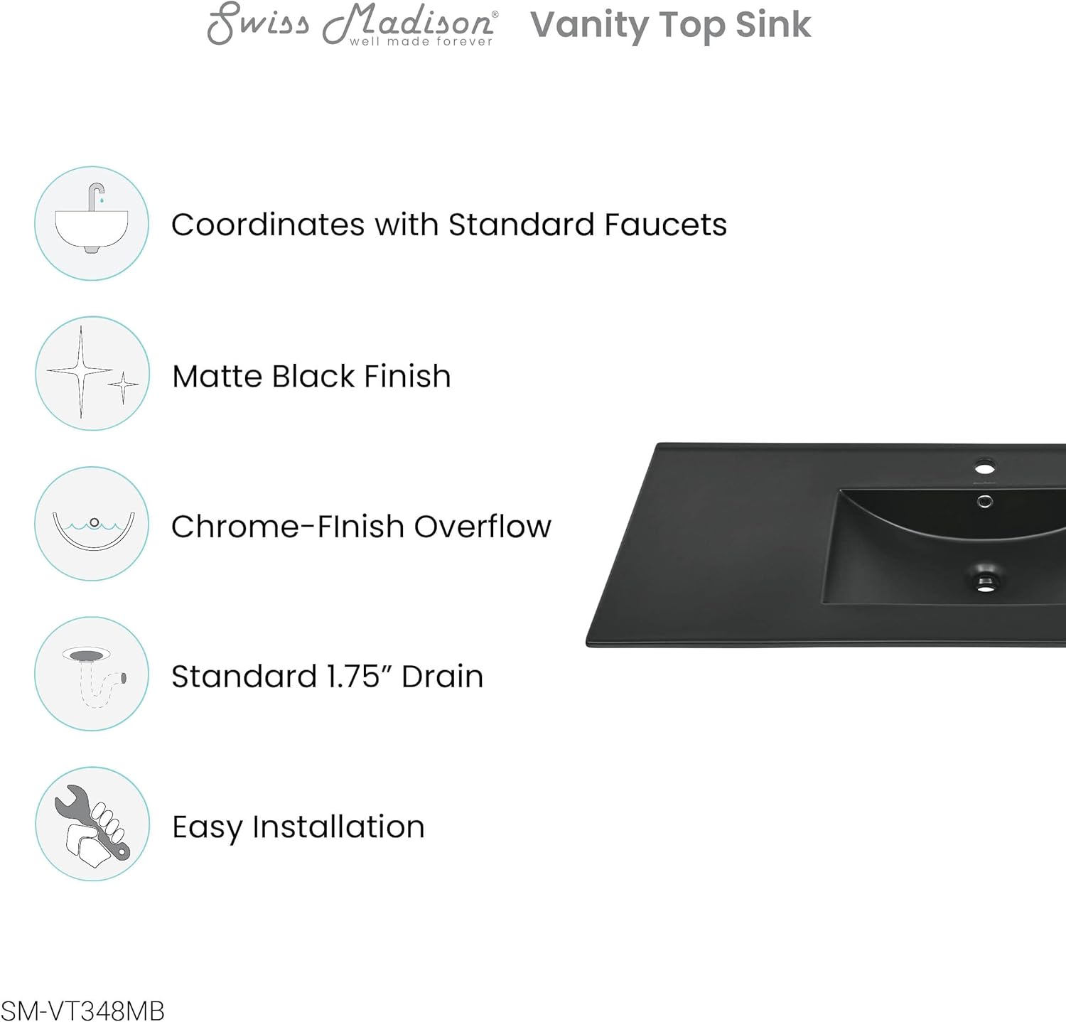 48" Ceramic Vanity Top with Single Faucet Hole in Matte Black