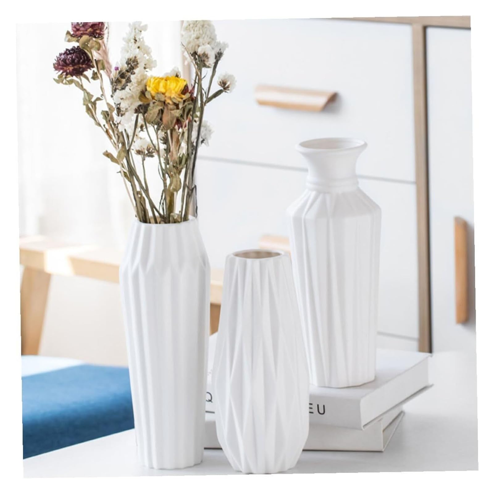 Blumenvase Weißes Keramik-Vasen-Set mit breiter Öffnung for die Inneneinrichtung, Desktop-Blumenbehälter Zimmerdekoration
