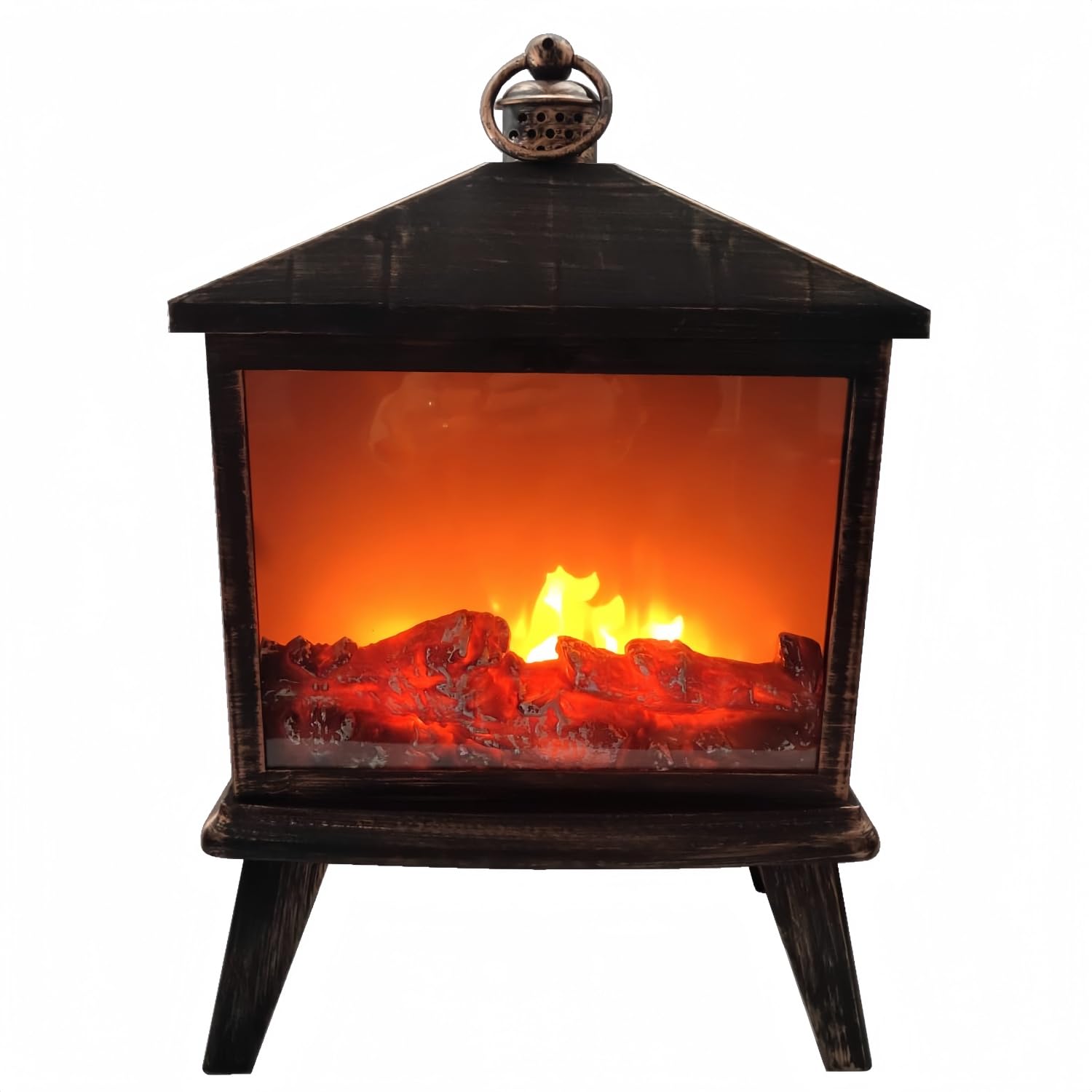 Simulated LED Fireplace Lantern USB & Battery Powered Flameless Light With Emulation Flame Table Decorative Lamp Copper Fireplace Ornament for Cozy Home Decor Free Standing Electric Log Burner