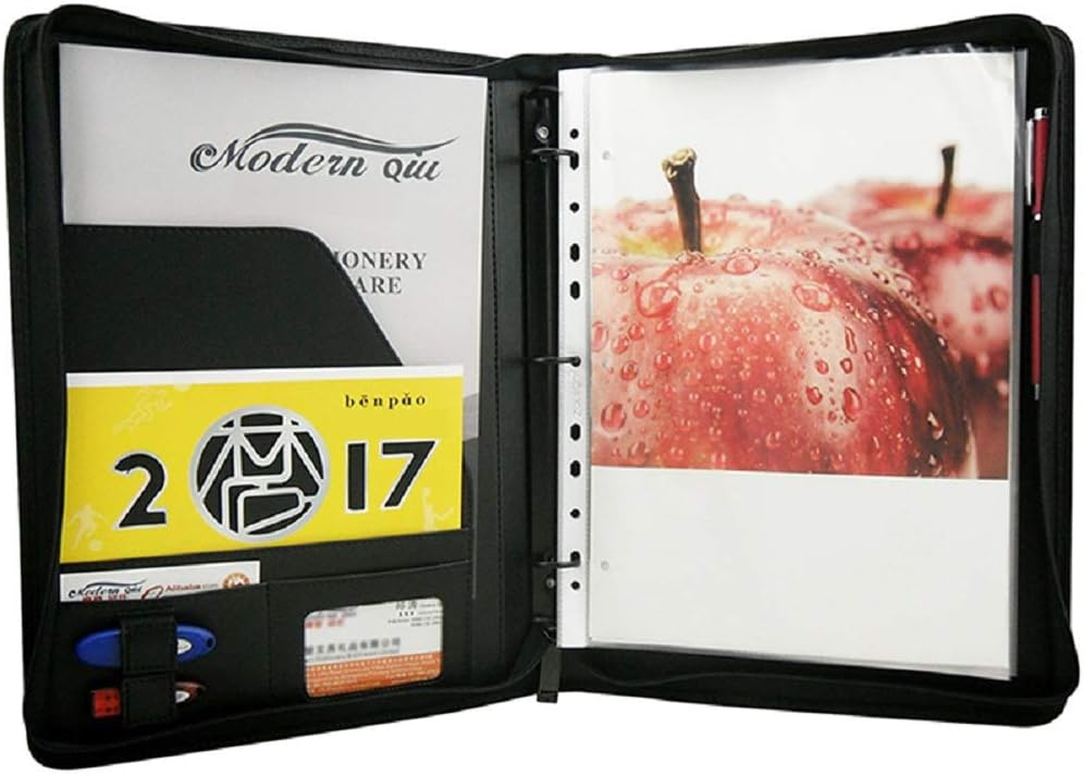 Zippered Portfolio Binder 3 Ring with Writing Pad Legal Size Letter - PU Leather Professional Padfolio Folder for Interview Business, Black