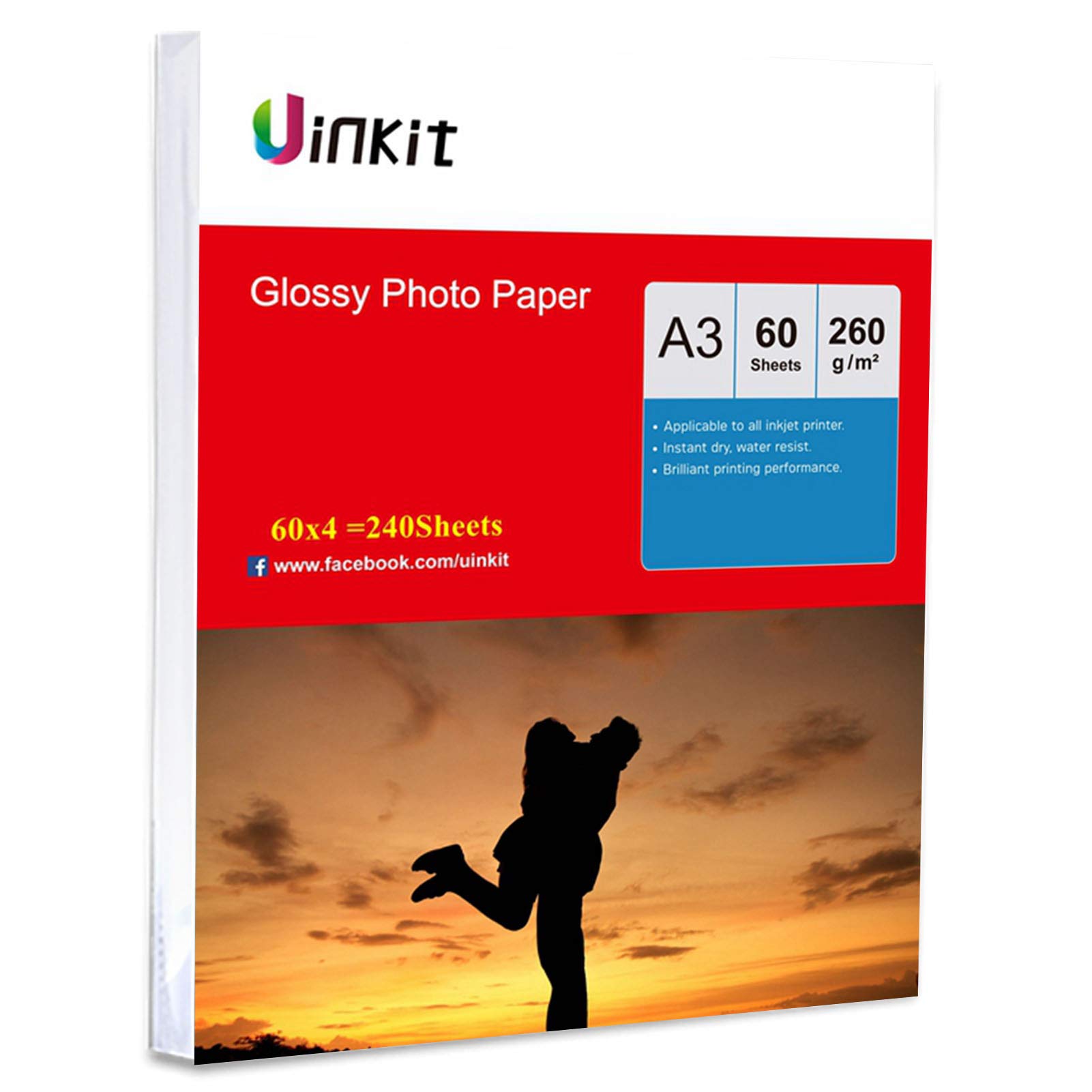 Uinkit - Papel fotográfico (A3, brillante, 260 g/m²), color blanco A3 260Gsm x 240sheets