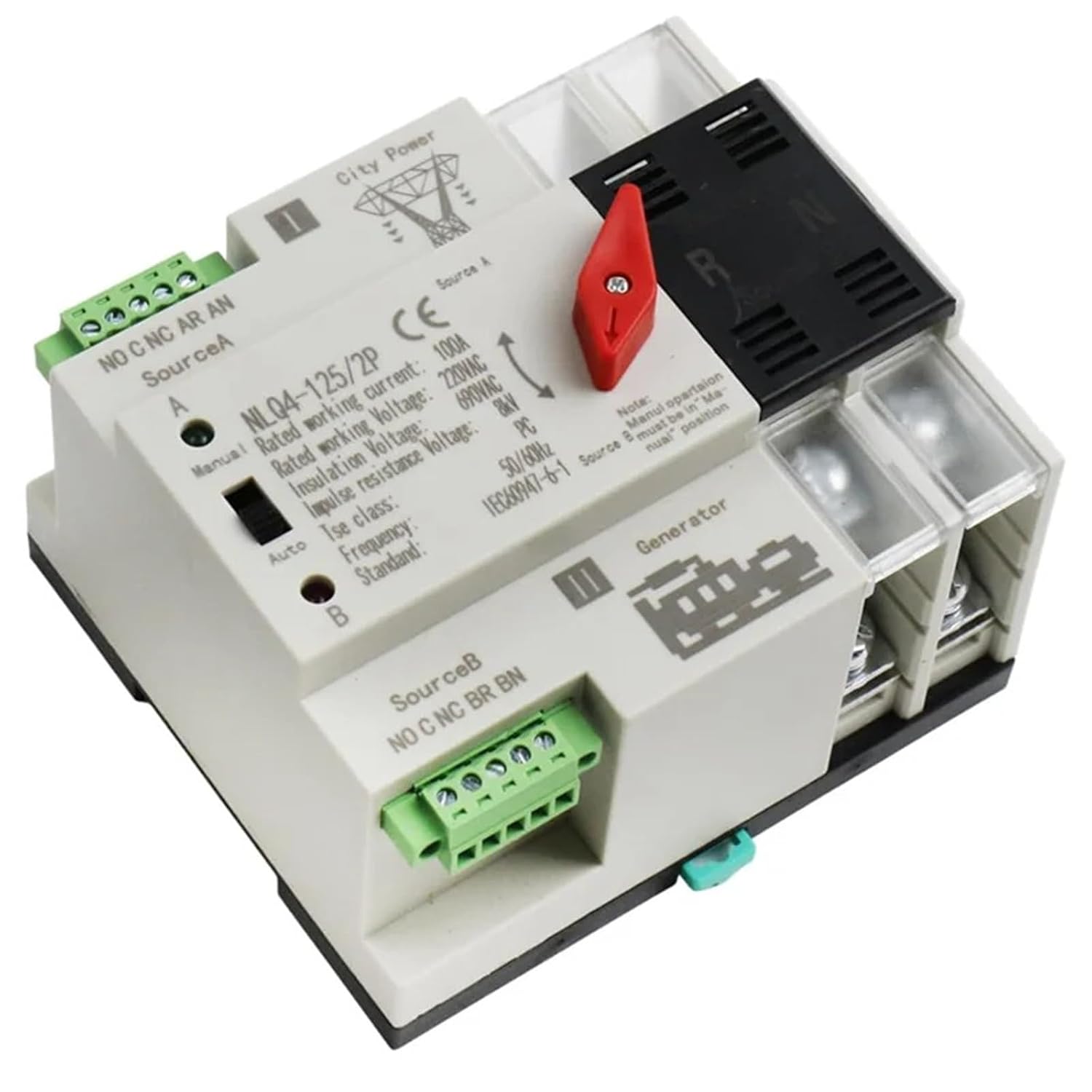 Transfer Switch 2P 100A Din Rail Mount Dual Power Switch for Generators Electrical Selection Switch NLQ4-2P