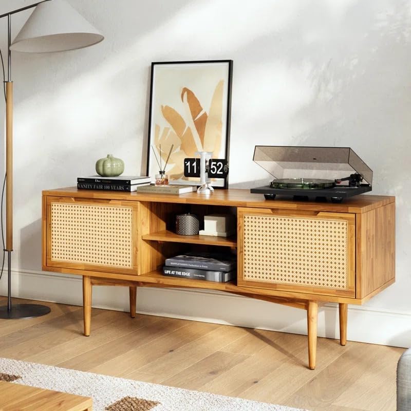 Image of MISAN Modern TV Table | Solid Sheesham Wood Sideboard TV Unit for Living Room, Bedroom, Office Furniture Stand | Wooden Free Standing Entertainment Unit Side Board Table with Storage (D-Hony)