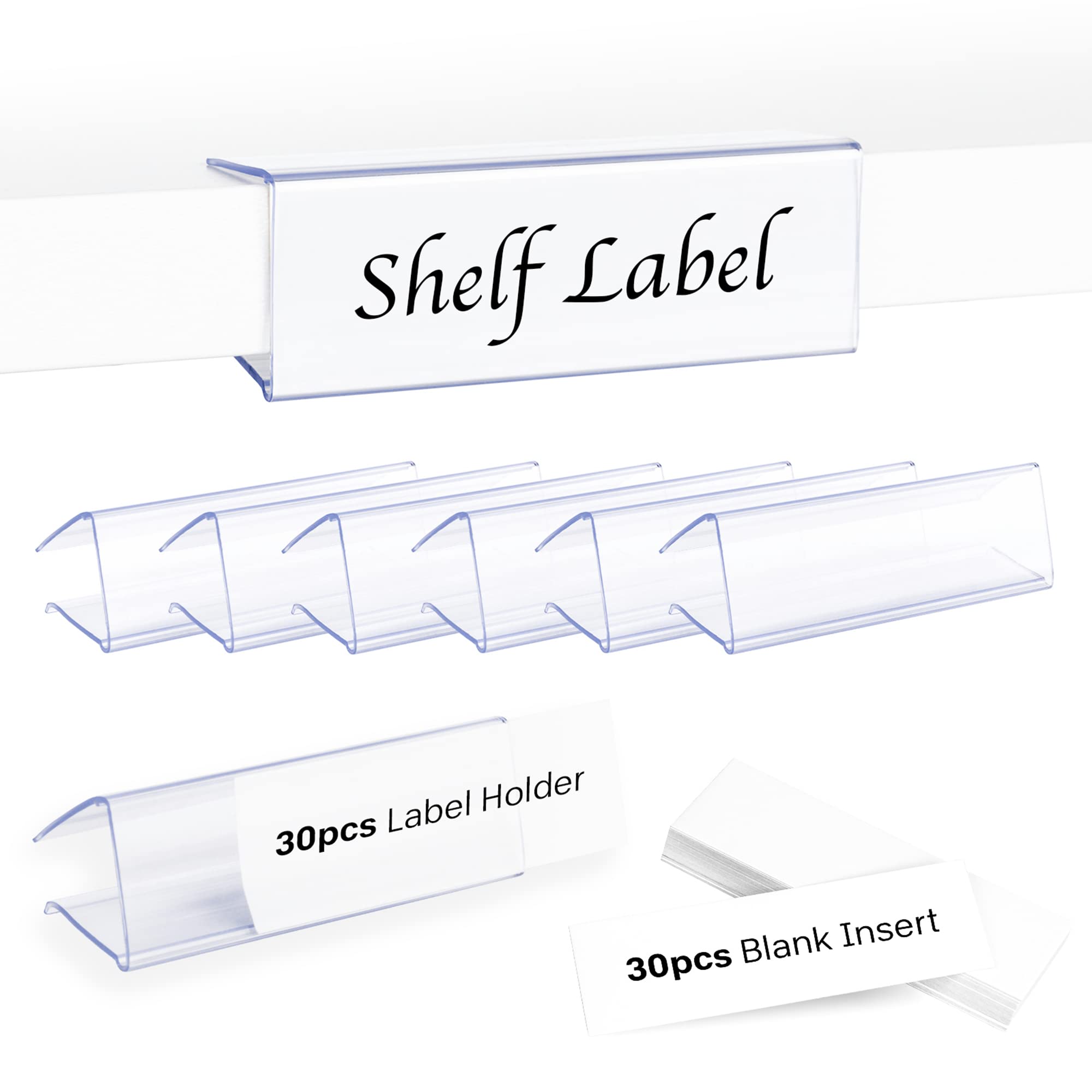 30Pcs Shelf Label Holders with 30Pcs Label Papers, Plastic Retail Wire Shelf Labels Wood Shelf Sign and Ticket Holder for Library, Classroom, ...