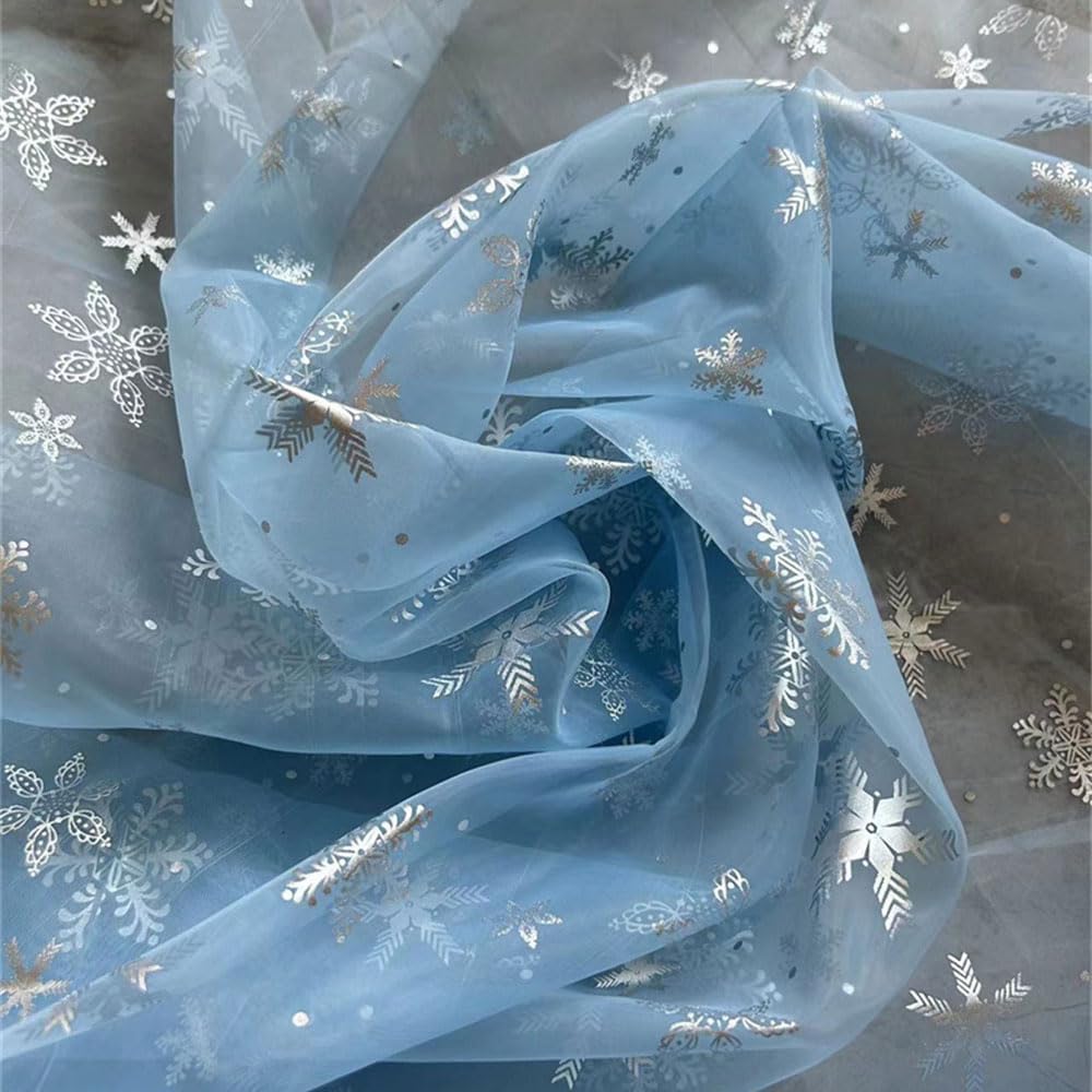 Snowflake Silver Foil Organza Fabric, Sheer Fabric ，Fabric by The Yard Snowflake Tablecloth Christmas Gift Wrapping Birthday Wedding Party Decorations DIY Sewing Crafts (Blue (10 Yards))