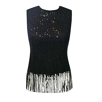 トップス seyto Jacquard fringe sleeveless tops ZXZY Womens Sequin Fringe Sleeveless Vest Sparkly
