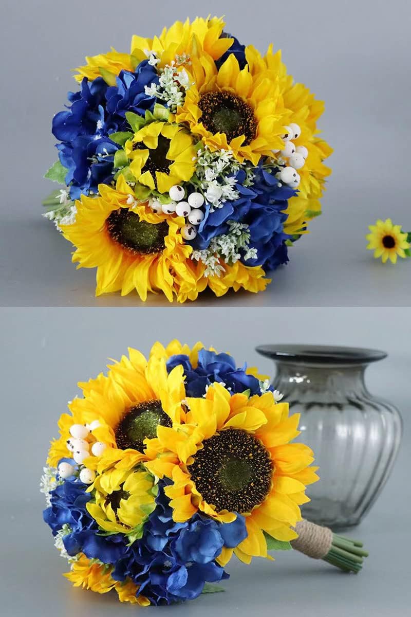 Ciandid Sunflower Bouquets for Bride - Yellow Sunflower & Blue Hydrangea Artificial Flowers Tossing Bouquet - Bridal Bouquet for Outdoor Rustic Wedding Ceremony Anniversary