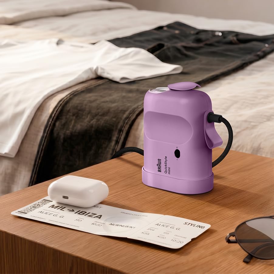 Braun QuickStyle mini - Defroisseur Vapeur Voyage, Vapeur 20 G/min, Violet | Défroisseur de Voyage Compact avec Technologie iCare, Chauffe en 15 s, Remplissage Facile Réservoir 80 ml, 1200 W, GS1031PU