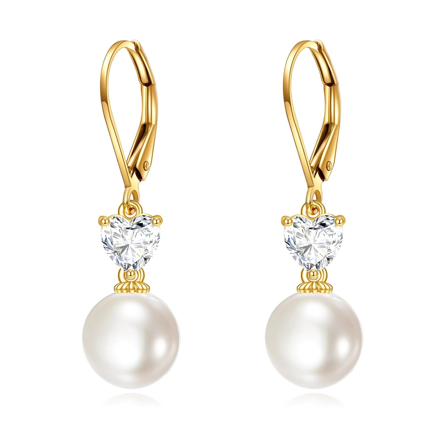 14K Solid Gold Freshwater Pearl Drop Leverback Earrings for Women - Cubic Zirconia Pearl Dangle Jewelry Gift 9MM
