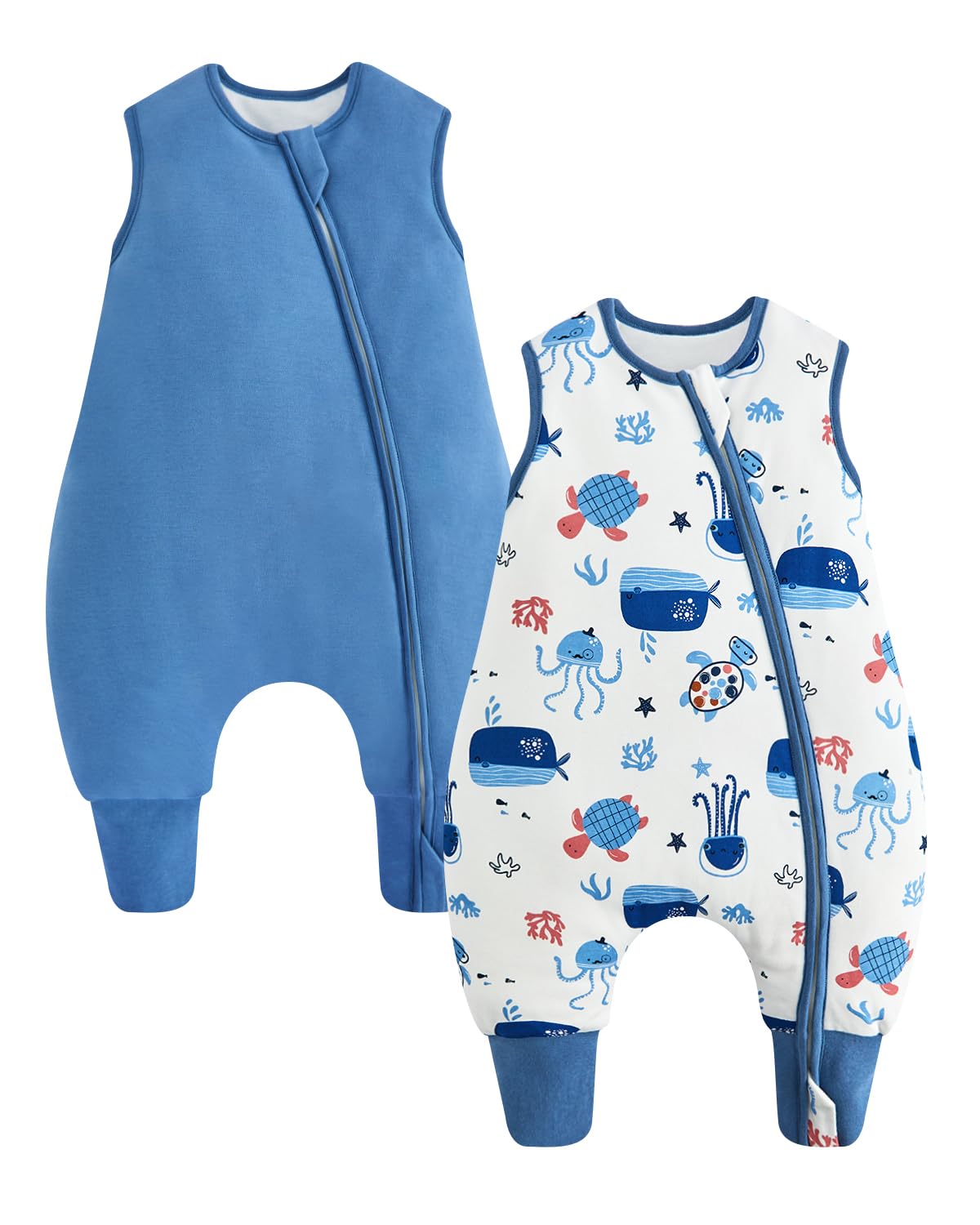 WYTbaby Baby Schlafsack mit Füßen 1.5 TOG 2er Pack, Warmer Ganzjahres Babyschlafsack aus Baumwolle für Babys & Kleinkinder Jungen Mädchen Blaues Meer 6–18 Monate