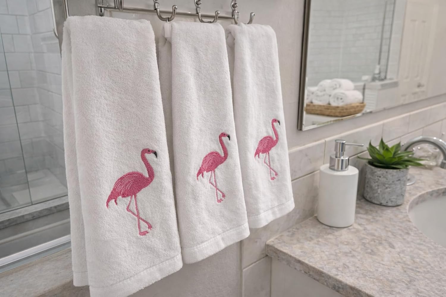 Flamingo 3-Pack Fingertip Hand Towels. Ultra Soft Premium Terry Velour. Highly Absorbent, Quick Dry. Guest Towels