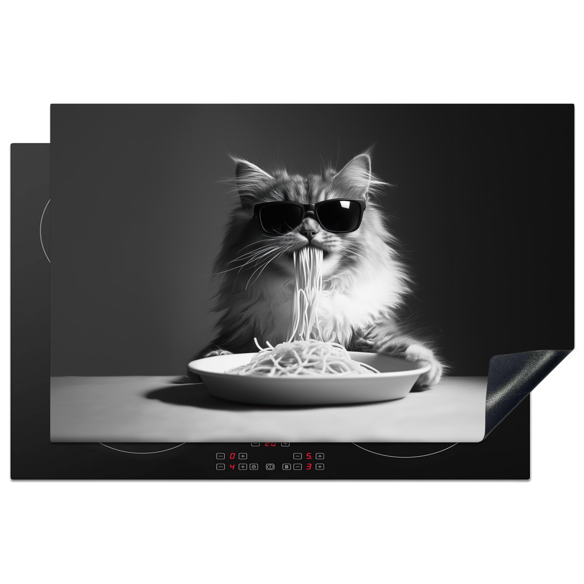 KitchenYeah© Induction Hob Protector Mat 20.5"x31.5" / 80x52 cm Cooker Top Protectors Cover Ceramic Covers Electric Hobs Vinyl Longhaired Cat - Sunglasses - Spaghetti - Humour - Black