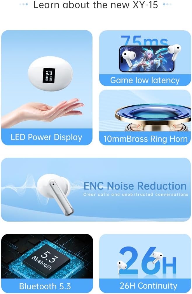 in Ear Headphones Wireless Ear Buds Earbuds Bluetooth 5.3 Touch Sensing Deep Bass Stereo and Noise Cancelling Bluetooth Headset Ear Buds, Built-in ENC Noise Cancelling Mic, White