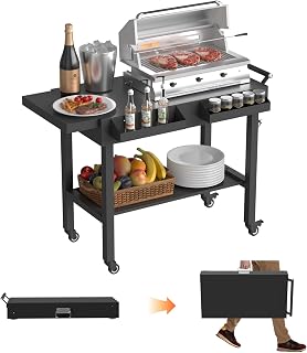 DEYEGELEA Mesa de parrilla para exteriores con ruedas, adecuada para reuniones familiares al aire libre, bares, camping, 83 cm de largo x 73 cm, carrito de parrilla plegable rápido, color negro