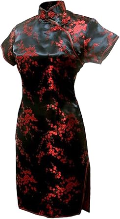 7Fairy Womens Black&Red Floral Mini Chinese Evening Dress Cheongsam
