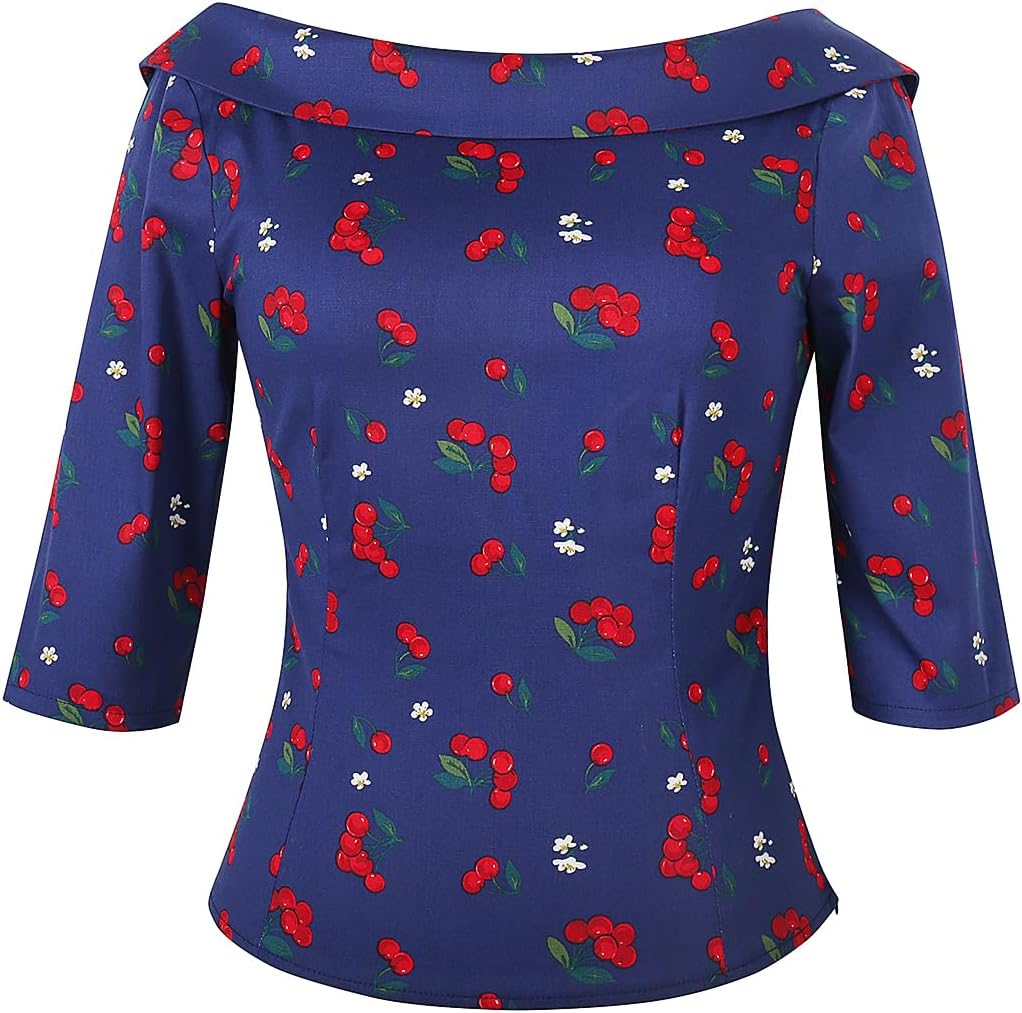 Women's 1950s Vintage Pinup Tops, Back Bow Tie Cute Rockabilly Elegant Shirt, Medium Sleeves Blouse