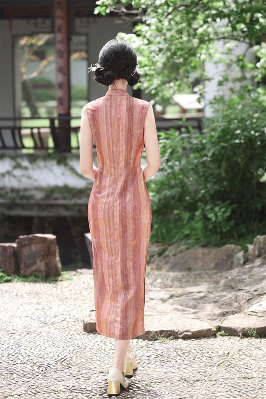 Abito Lungo Qipao Estivo Senza Maniche Aderente in Stile Cinese Cheongsam retrò per Banchetti di Nozze spettacoli e Serate di Gala
