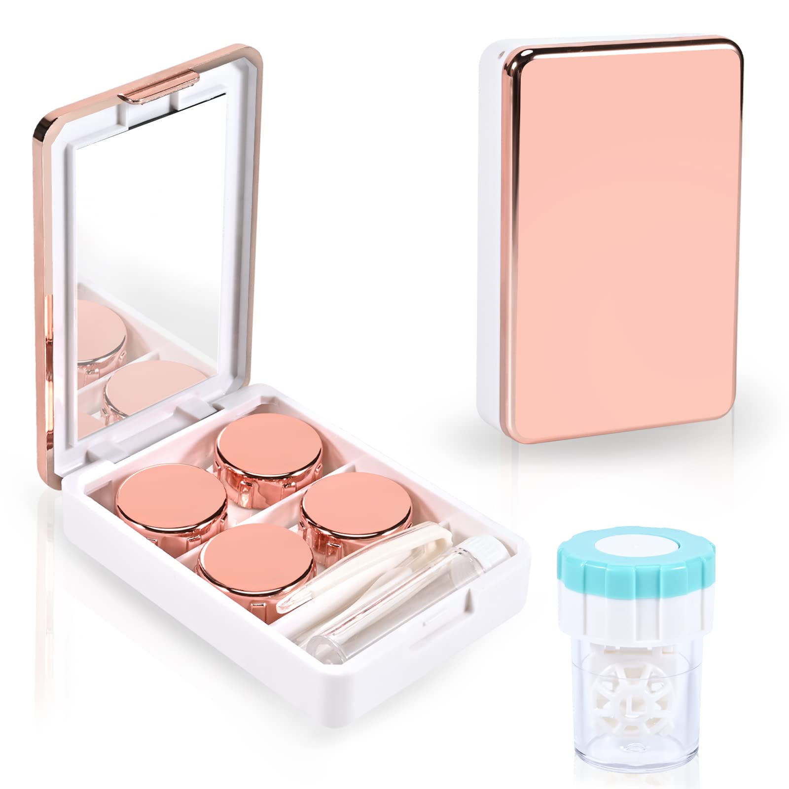 MC2 Kontaktlinsenetui mit manueller Kontaktlinsenreinigermaschine, tragbare Kontaktbox mit Spiegelpinzette, Entfernerwerkzeug, Lösungsflasche für tägliche Reisen im Freien. (Rose)