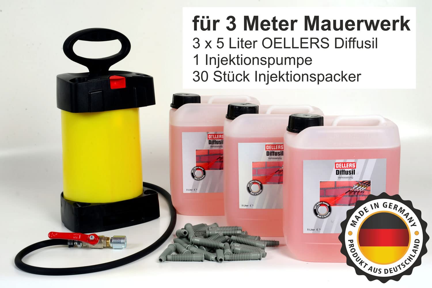 OELLERS Horizontalsperre Set 3x5L Diffusil Injektionsflüssigkeit gegen aufsteigende Feuchtigkeit mit Pumpe