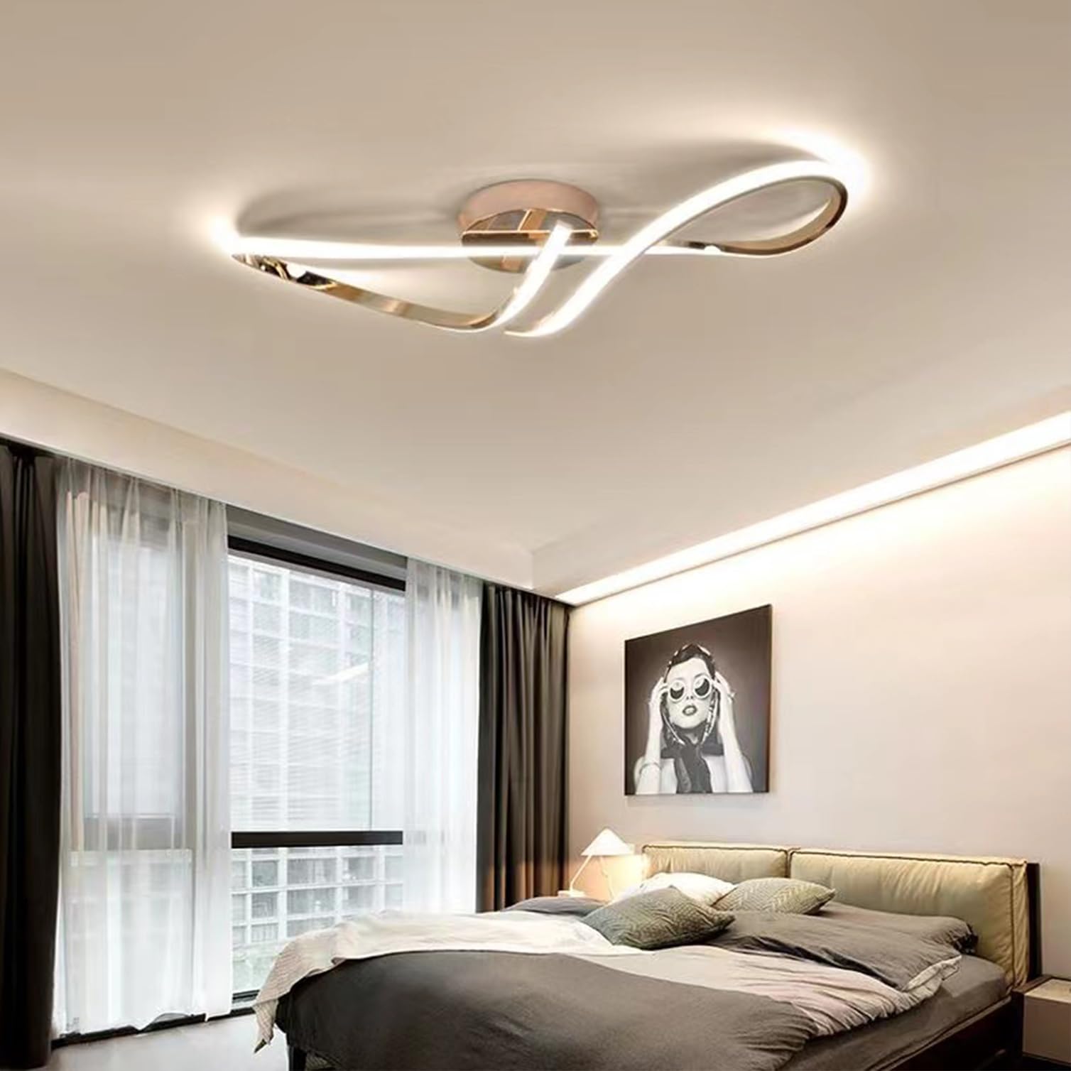 Plafonnier LED moderne doré L68cm avec télécommande pour salon et chambre