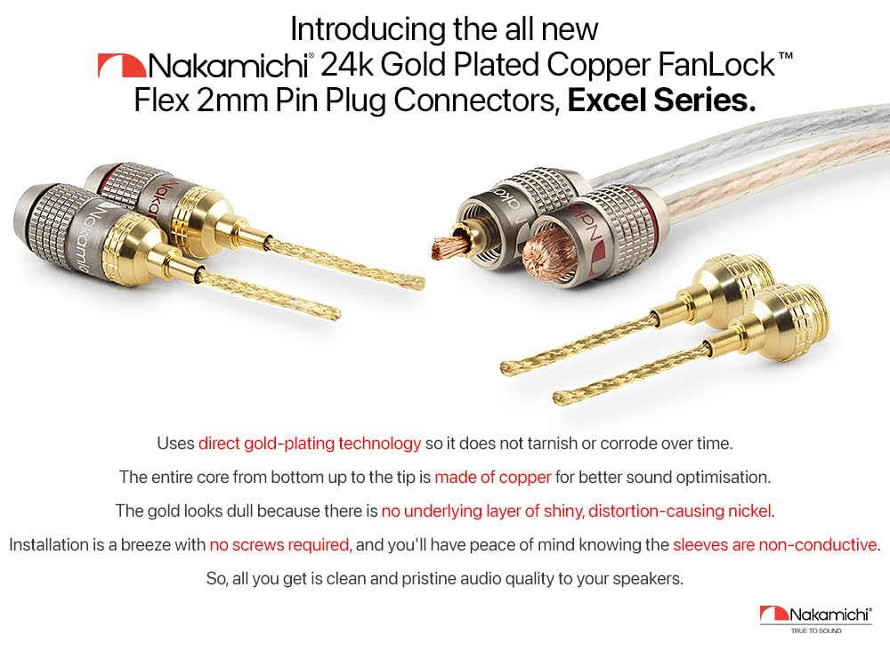 Nakamichi FanLock Wtyczka Pin 2mm Flex Platerowana 24-Karatowym Złotem 10 AWG - 18 AWG Rozmiar 4mm do Głośników, Wzmacniacza Hi-Fi, Kabla Audio, Szybkozłącze, 4 Sztuki (2 Pary)