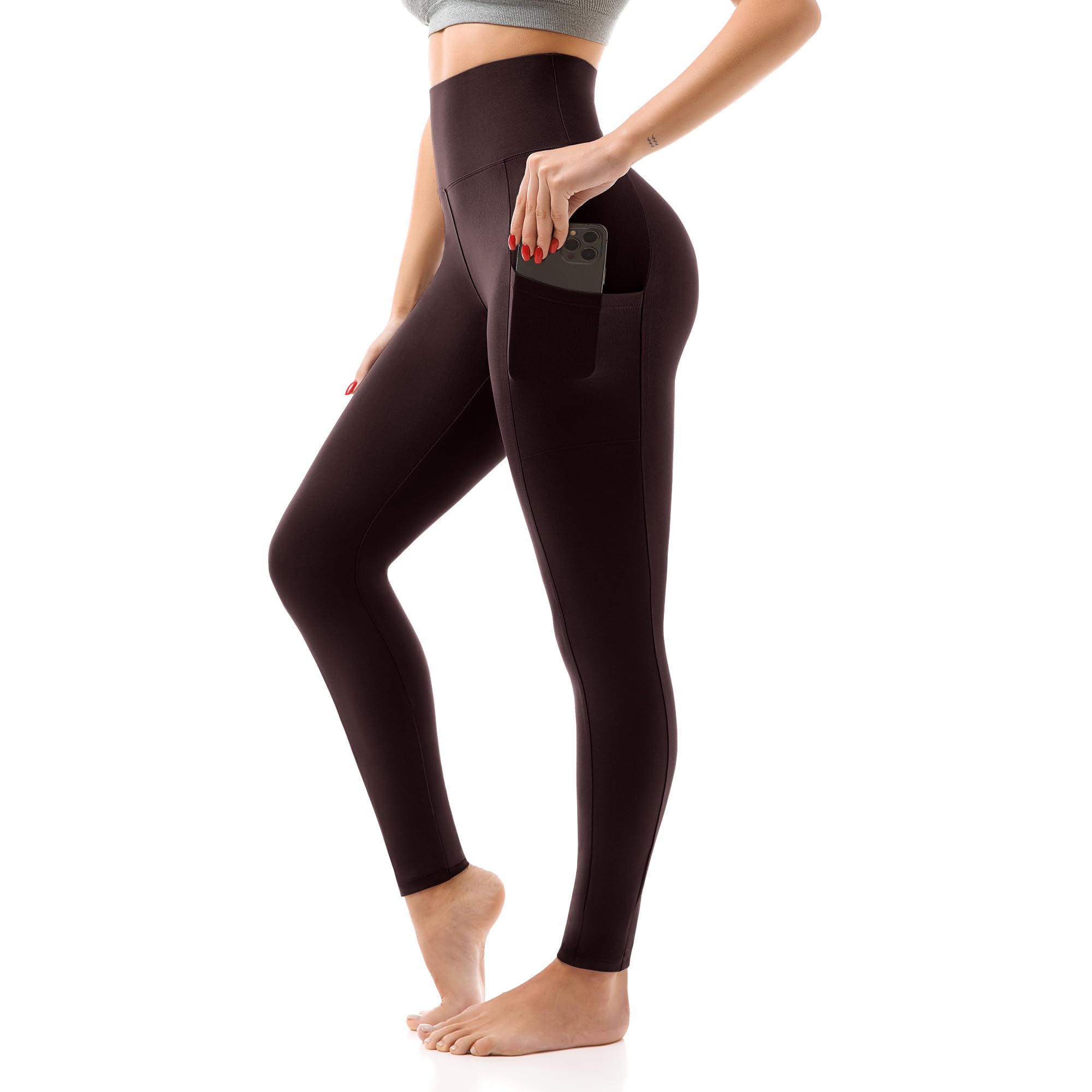 SINOPHANT High Waisted Leggings with Pockets Women, Full Length Capri Buttery Soft Stretchy Yoga Pants(Full Brown,S-M)