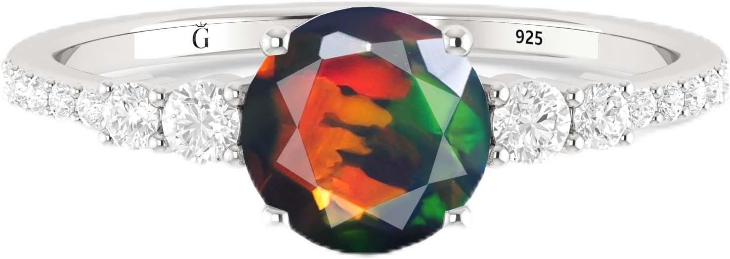 GOODSTONE JEWELS Opal Gemstone Solitaire Ring for Women | Natural Ethiopian Opal Ring| Multifire Gemstone 925 Sterling Silver/Yellow Gold Plated Solitaire Ring, Gift ring for her