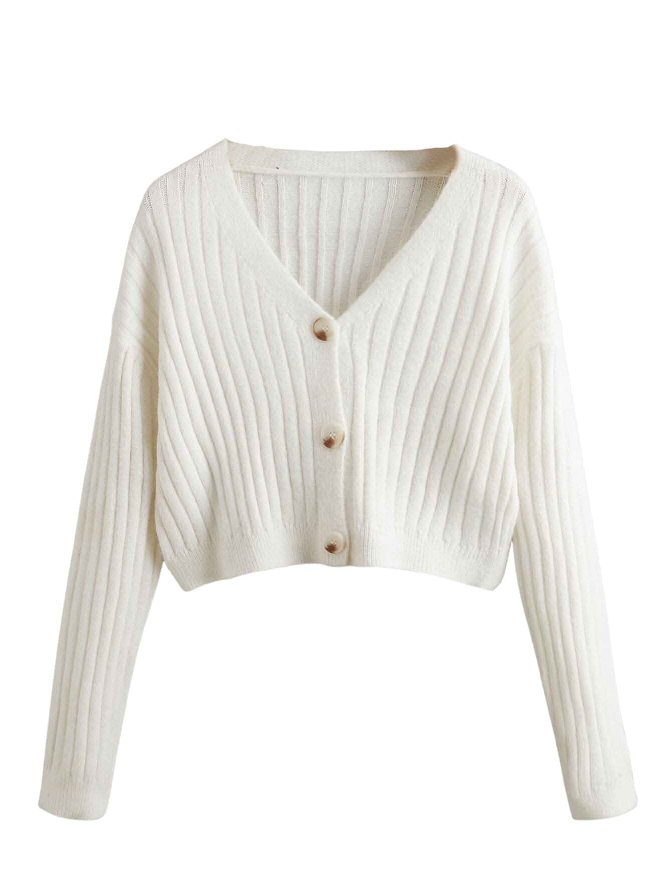 SweatyRocks Women's Long Sleeve Button Front V Neck Soft Cardigan Sweaters Waffle Knit Cropped Cardigan, Chunky, Slouchy Cardigan, Light Knit Jackets, Fall Fashion Must Haves
