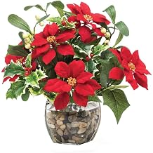 Petals Poinsettia & Holly Silk Holiday Arrangement Handcrafted & Amazingly Lifelike Artificial Flowers