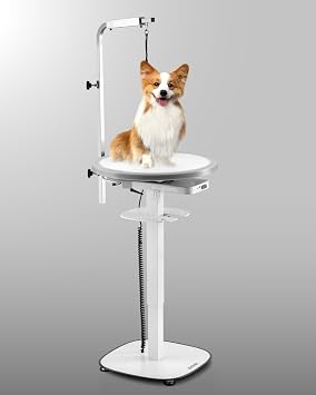 JirPet Electric Grooming Table, Tabletop and Arm Light for Focused Grooming | 23.62 Diameter, 360 Rotating Round Tabletop, Electric Lift 154 lb Load Capacity, Ultra Stable Professional Grooming Table