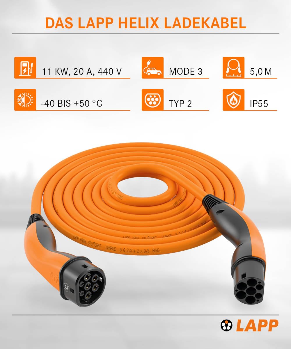 Lapp Mobility Helix Typ 2 Ladekabel 11 kW/Selbstaufrollend / 20 A / 3-Phasig/E-Auto Ladekabel/Mode 3 / 5m