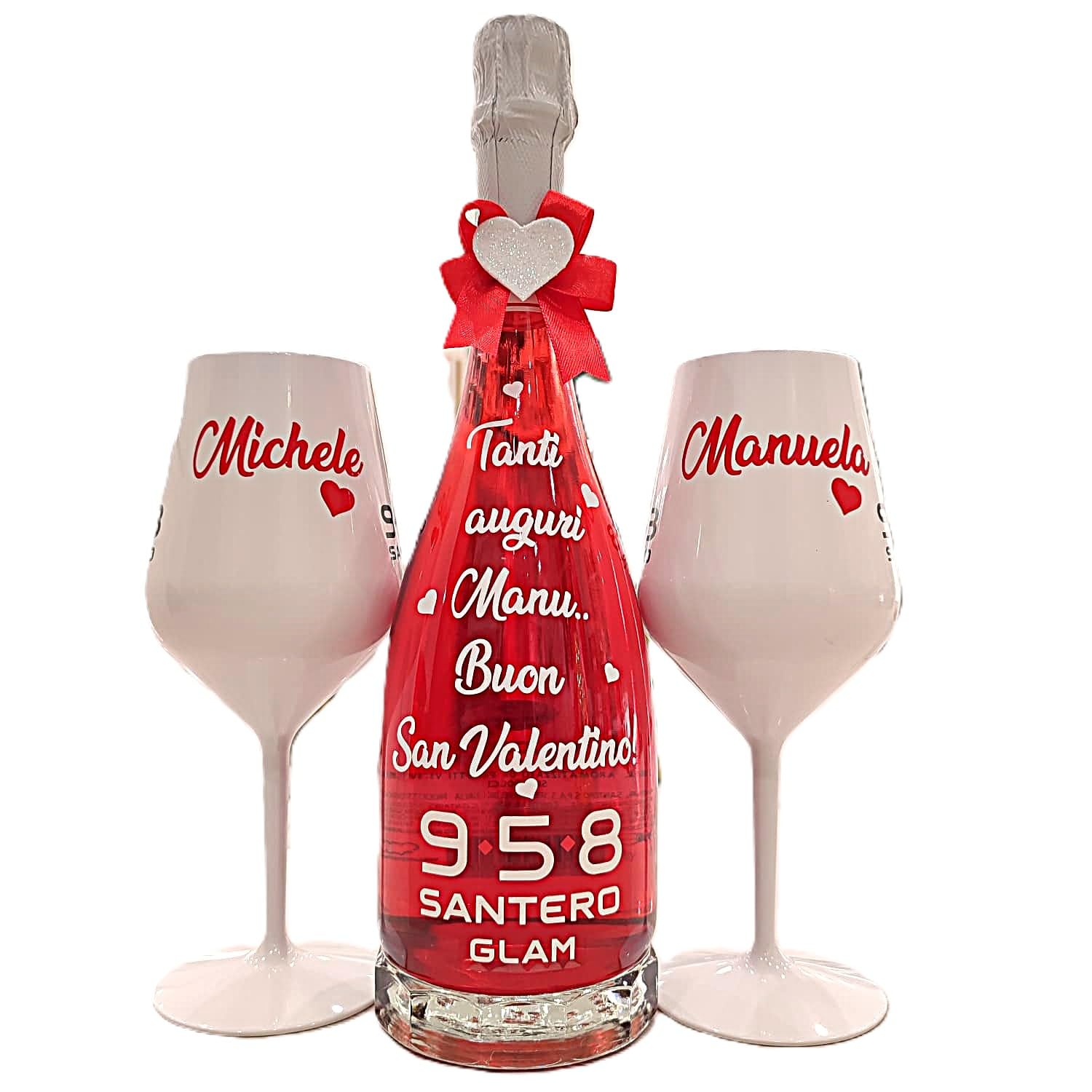 BOTTIGLIA Spumante e 1 Bicchiere Rosso Personalizzabili ideali per Laurea con 3 Tocchi applicati sulla bottiglia, Scritta e Fiocco con Dettaglio da scegliere in fase di personalizzazione