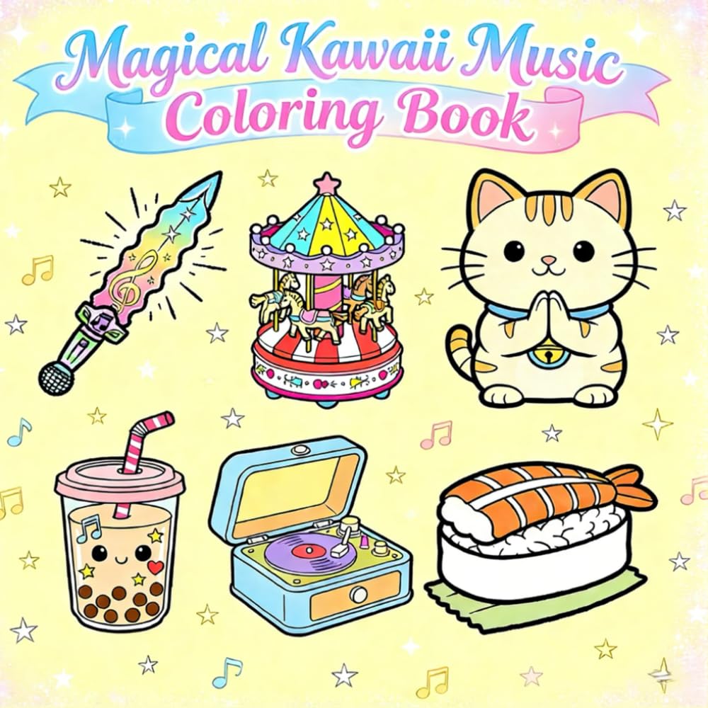 Magical Kawaii Music Coloring Book: Bold and Easy Designs for Adorable Music Swords, Carousels, Cute Cats, Boba Drinks & More | Relaxing Coloring Pages for Teens & Adults