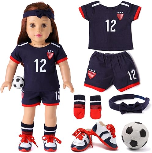 Accesorios de ropa para muñecas de 18 pulgadas – Team USA Ropa de uniforme de fútbol de 6 piezas incluye diadema, camisa, pantalones cortos,