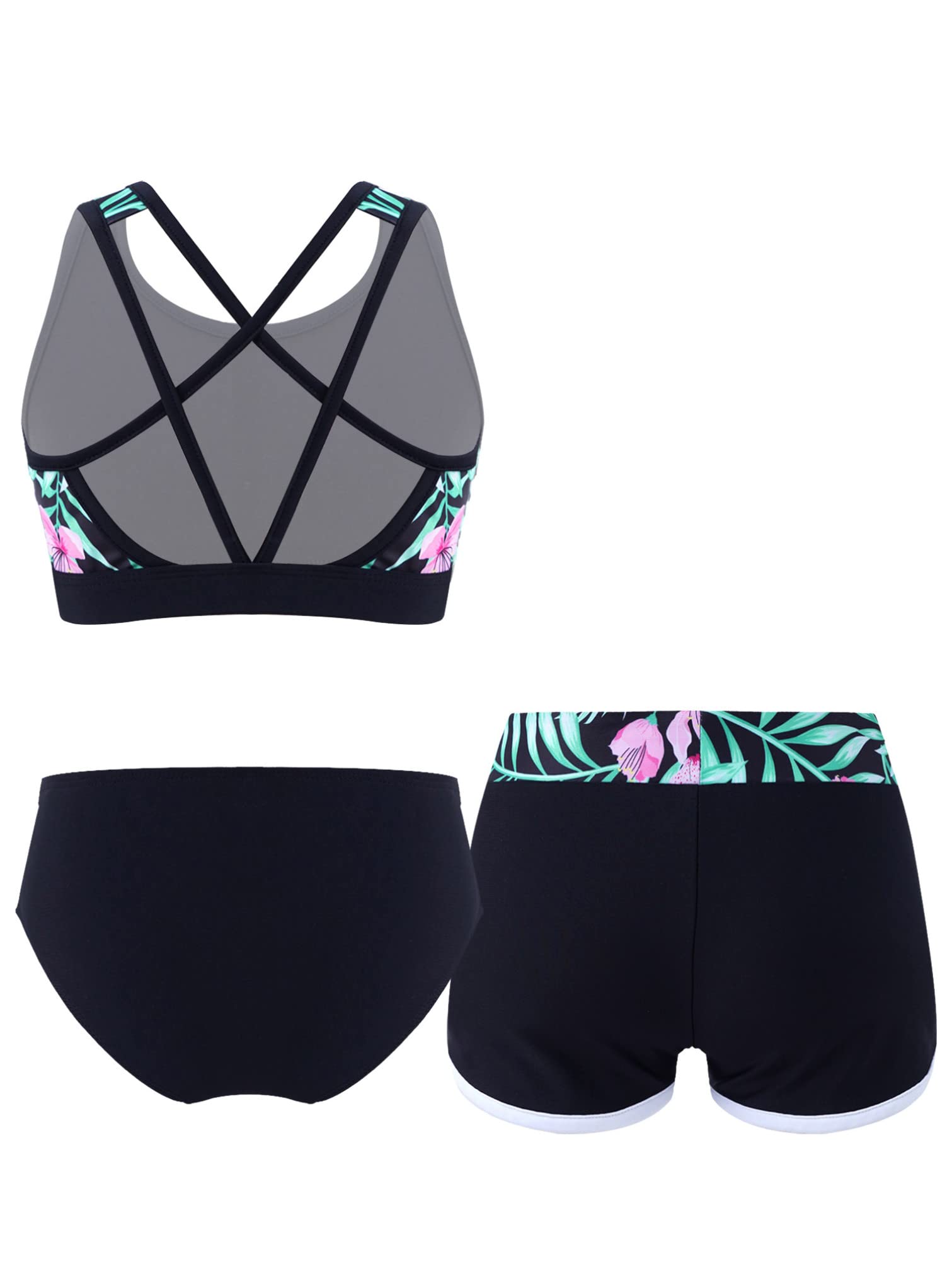 YiZYiF 3 Pièces Maillot de Bain Enfant Fille Imprimé Tankini Top Haut de Bain Bas de Bikini Short de Bain Ensemble Natation Plage Vêtement Eté 6-16 Ans
