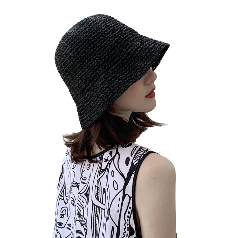 Women Sun Hat Hand-Woven Packable Beach Bucket Hat Summer Floppy UV Protection Hats, Coffee, Black, M