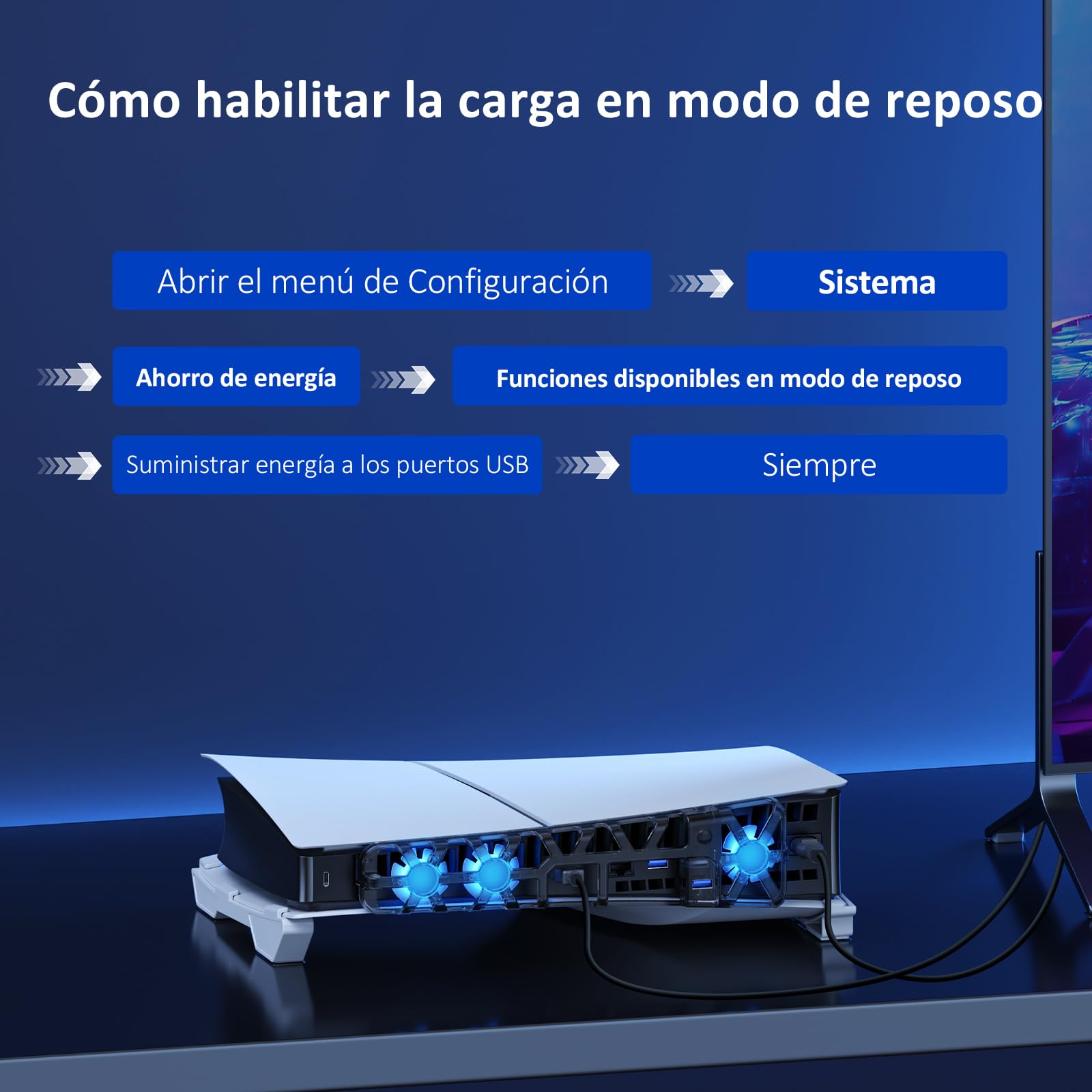 NexiGo PS5 - Soporte Horizontal Delgado con Ventilador de refrigeración silencioso Mejorado, Velocidad Ajustable, [bajo Nivel de Ruido], [Encendido y Apagado automático], Puerto USB 3.0, luz LED